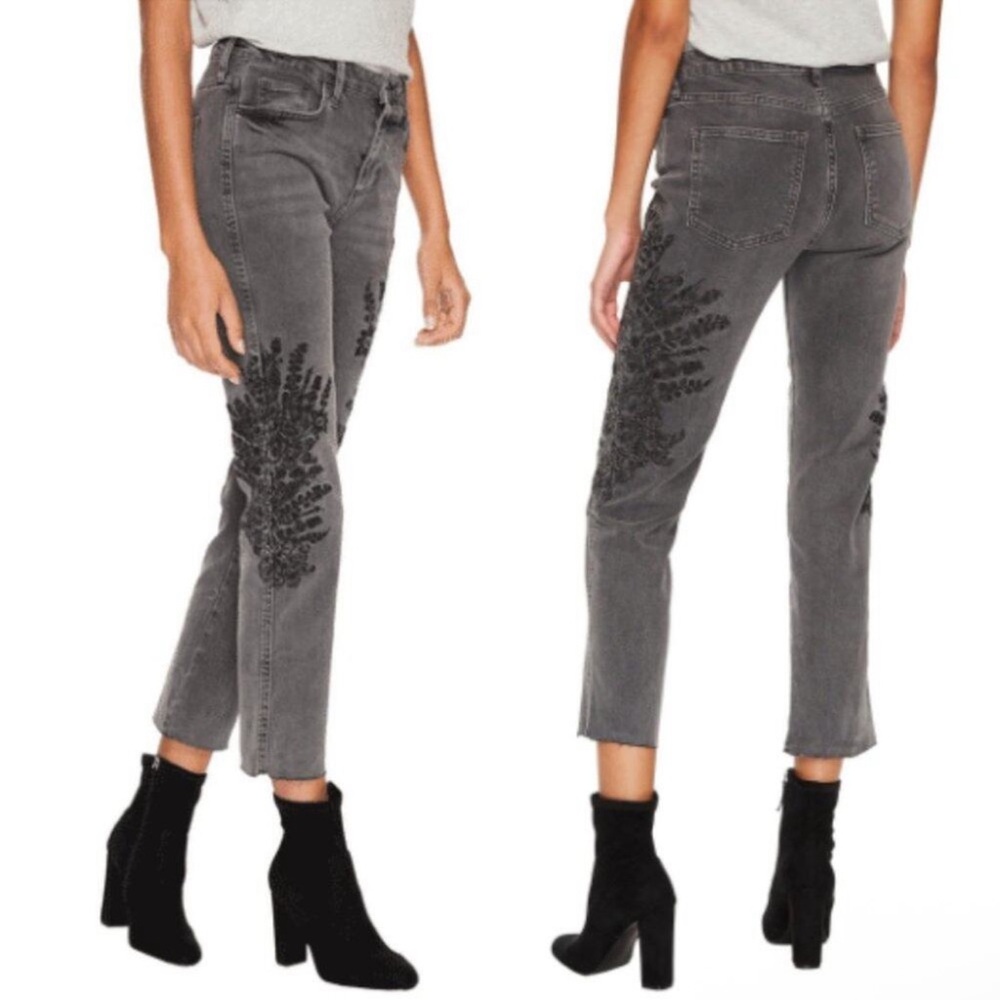 Free People We The Free Embroidered Gray Crop Jeans for Women